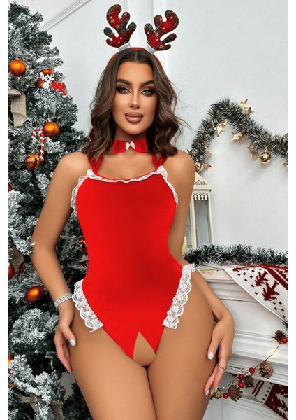 Kadın Kırmızı Yılbaşı Temalı Mini Body Askılı Gecelik 75082