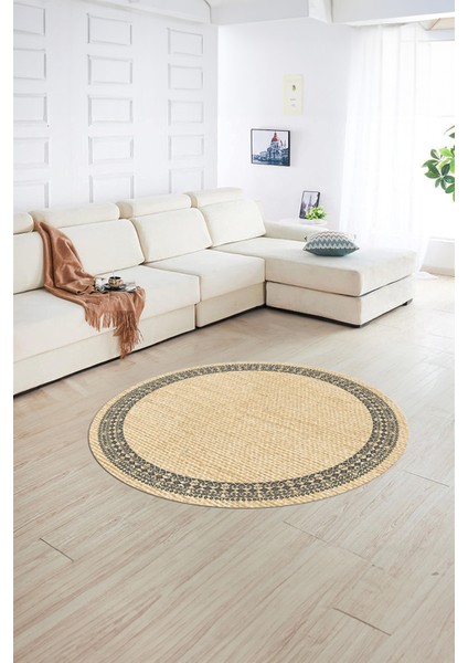 Dijital Kaymaz Yıkanabilir Jüt-Hasır Desen Yuvarlak Yolluk Mutfak Salon Halısı, N-Y-Jüt-09-Krem,