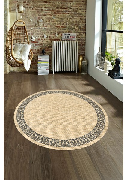 Dijital Kaymaz Yıkanabilir Jüt-Hasır Desen Yuvarlak Yolluk Mutfak Salon Halısı, N-Y-Jüt-09-Krem, modelleri