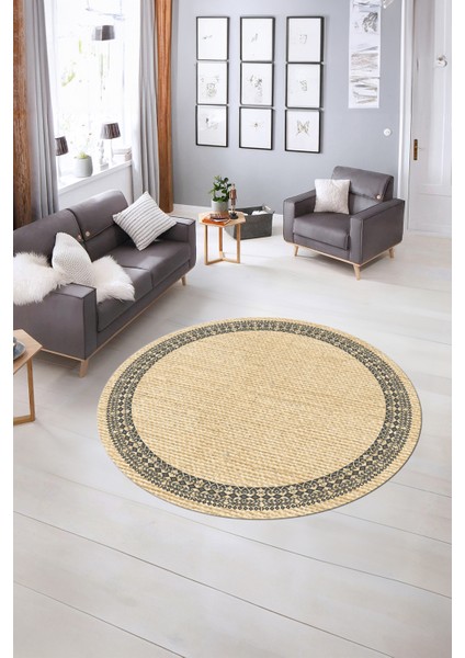 Dijital Kaymaz Yıkanabilir Jüt-Hasır Desen Yuvarlak Yolluk Mutfak Salon Halısı, N-Y-Jüt-09-Krem, fırsatları