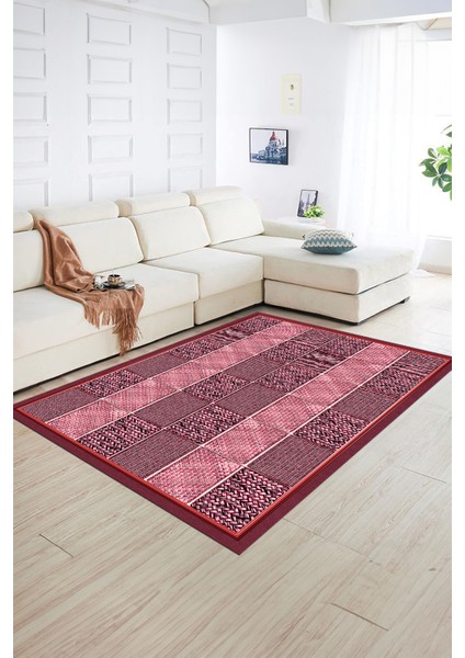 Dijital Baskılı Kaymaz Yıkanabilir Jüt-Hasır Desen Yolluk Mutfak Salon Halısı, N-Jüt-02-Kırmızı,