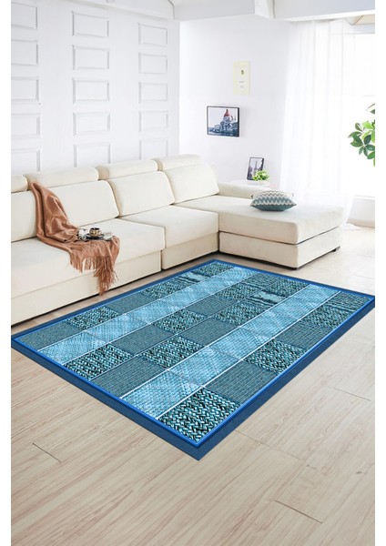 Dijital Baskılı Kaymaz Yıkanabilir Jüt-Hasır Desen Yolluk Mutfak Salon Halısı, N-Jüt-02-Mavi,