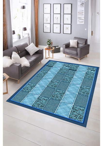 Dijital Baskılı Kaymaz Yıkanabilir Jüt-Hasır Desen Yolluk Mutfak Salon Halısı, N-Jüt-02-Mavi, fırsatları