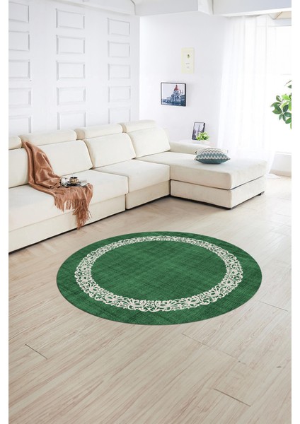 Dijital Kaymaz Yıkanabilir Jüt-Hasır Desen Yuvarlak Yolluk Mutfak Salon Halısı, N-Y-Jüt-04-Yeşil,