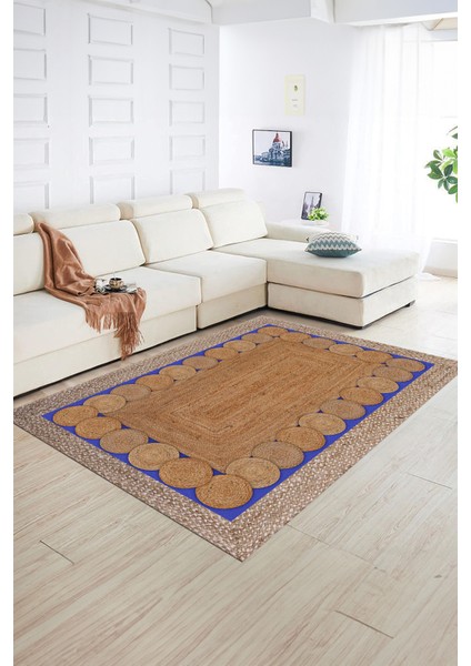 Dijital Baskılı Kaymaz Yıkanabilir Jüt-Hasır Desen Yolluk Mutfak Salon Halısı, N-Jüt-10-Mavi,
