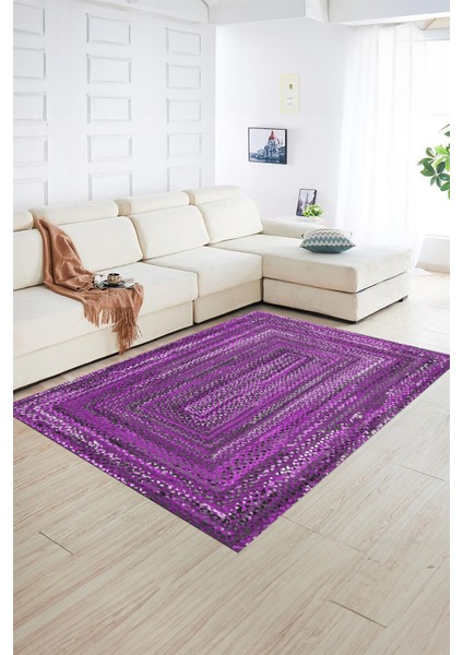 Dijital Baskılı Kaymaz Yıkanabilir Jüt-Hasır Desen Yolluk Mutfak Salon Halısı, N-Jüt-05-Mor,