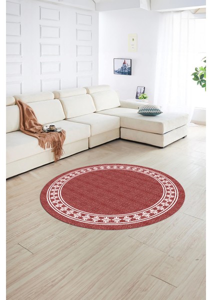 Dijital Kaymaz Yıkanabilir Jüt-Hasır Desen Yuvarlak Yolluk Mutfak Salon Halısı, N-Y-Jüt-20-Kırmızı,