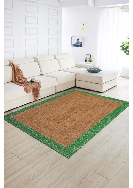 Dijital Baskılı Kaymaz Yıkanabilir Jüt-Hasır Desen Yolluk Mutfak Salon Halısı, N-Jüt-17-Yeşil,