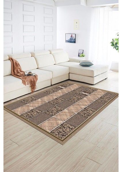 Dijital Baskılı Kaymaz Yıkanabilir Jüt-Hasır Desen Yolluk Mutfak Salon Halısı, N-Jüt-02-Kahve,