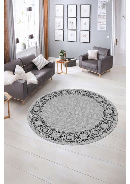 Dijital Kaymaz Yıkanabilir Jüt-Hasır Desen Yuvarlak Yolluk Mutfak Salon Halısı, N-Y-Jüt-19-Gri, fırsatları