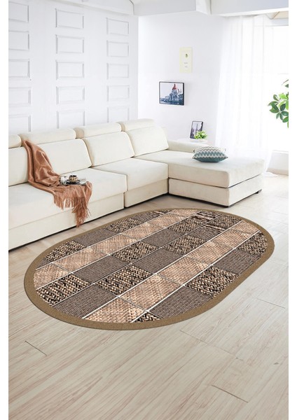 Dijital Kaymaz Yıkanabilir Jüt-Hasır Desen Oval Yolluk Mutfak Salon Halısı, N-O-Jüt-02-Kahve,