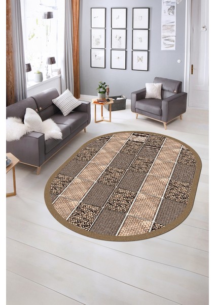 Dijital Kaymaz Yıkanabilir Jüt-Hasır Desen Oval Yolluk Mutfak Salon Halısı, N-O-Jüt-02-Kahve, fırsatları