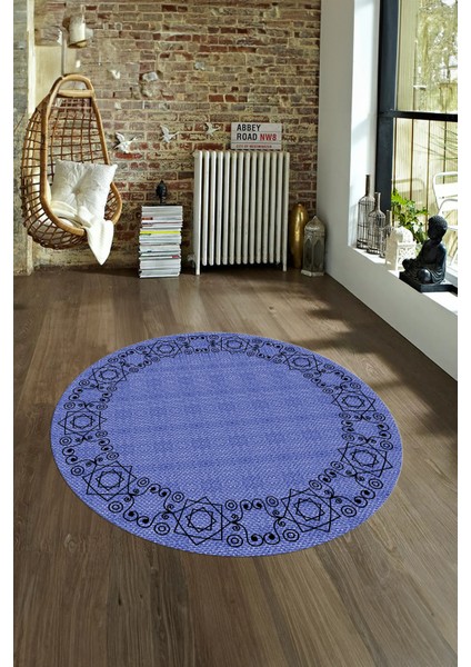 Dijital Kaymaz Yıkanabilir Jüt-Hasır Desen Yuvarlak Yolluk Mutfak Salon Halısı, N-Y-Jüt-19-Mavi, modelleri