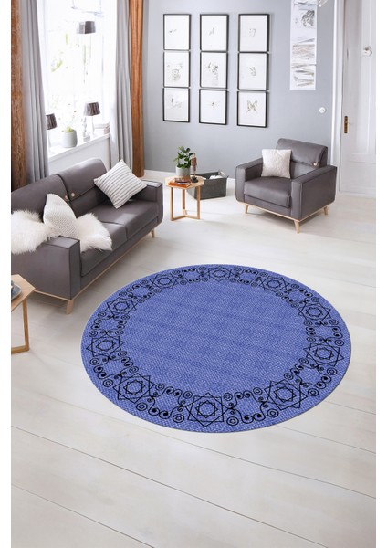 Dijital Kaymaz Yıkanabilir Jüt-Hasır Desen Yuvarlak Yolluk Mutfak Salon Halısı, N-Y-Jüt-19-Mavi, fırsatları