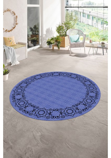 Dijital Kaymaz Yıkanabilir Jüt-Hasır Desen Yuvarlak Yolluk Mutfak Salon Halısı, N-Y-Jüt-19-Mavi, indirimleri