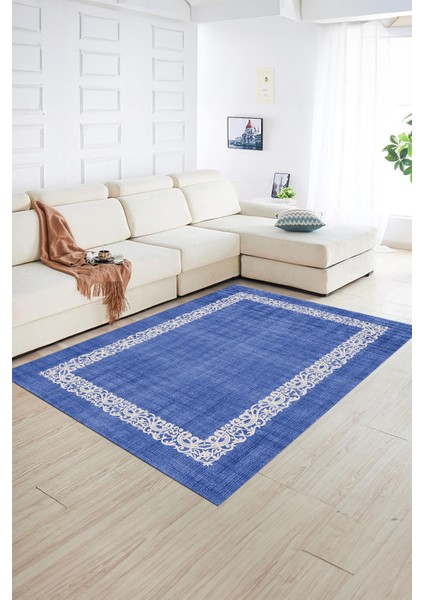 Dijital Baskılı Kaymaz Yıkanabilir Jüt-Hasır Desen Yolluk Mutfak Salon Halısı, N-Jüt-04-Mavi,