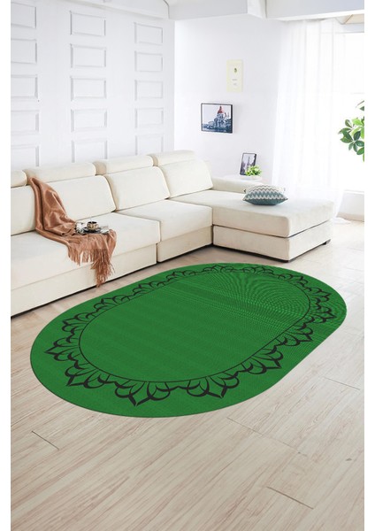 Dijital Kaymaz Yıkanabilir Jüt-Hasır Desen Oval Yolluk Mutfak Salon Halısı, N-O-Jüt-18-Yeşil,