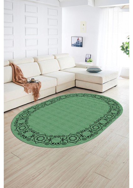 Dijital Kaymaz Yıkanabilir Jüt-Hasır Desen Oval Yolluk Mutfak Salon Halısı, N-O-Jüt-19-Yeşil,