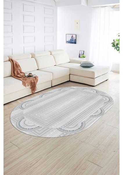 Dijital Kaymaz Yıkanabilir Jüt-Hasır Desen Oval Yolluk Mutfak Salon Halısı, N-O-Jüt-08-Gri,