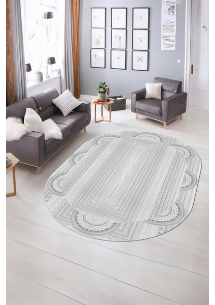 Dijital Kaymaz Yıkanabilir Jüt-Hasır Desen Oval Yolluk Mutfak Salon Halısı, N-O-Jüt-08-Gri, fırsatları