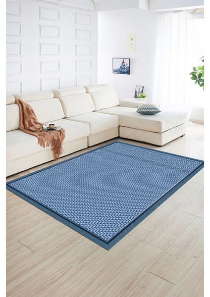 Dijital Baskılı Kaymaz Yıkanabilir Jüt-Hasır Desen Yolluk Mutfak Salon Halısı, N-Jüt-03-Mavi,