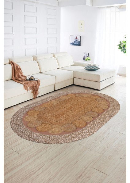 Dijital Kaymaz Yıkanabilir Jüt-Hasır Desen Oval Yolluk Mutfak Salon Halısı, N-O-Jüt-10-Kahve,
