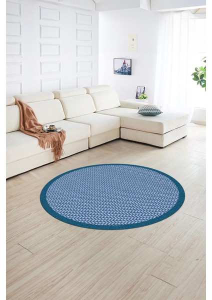 Dijital Kaymaz Yıkanabilir Jüt-Hasır Desen Yuvarlak Yolluk Mutfak Salon Halısı, N-Y-Jüt-03-Mavi,