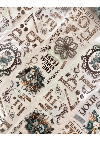 Romantic Serisi Yeşil Çiçekli Desenli Washi Bant Washi Tape Su Geçirmez Bullet Journal
