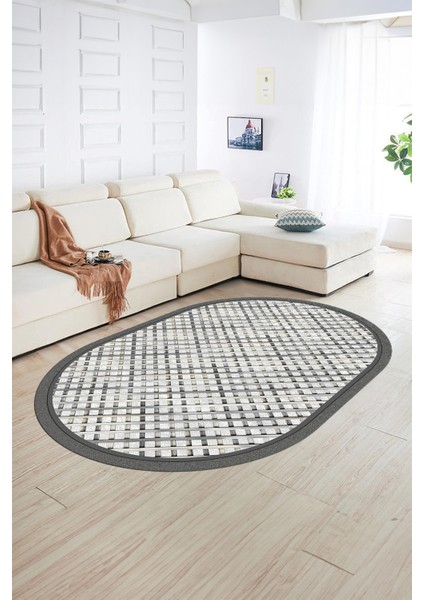 Dijital Kaymaz Yıkanabilir Jüt-Hasır Desen Oval Yolluk Mutfak Salon Halısı, N-O-Jüt-16-Gri,