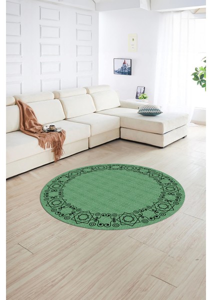 Dijital Kaymaz Yıkanabilir Jüt-Hasır Desen Yuvarlak Yolluk Mutfak Salon Halısı, N-Y-Jüt-19-Yeşil,
