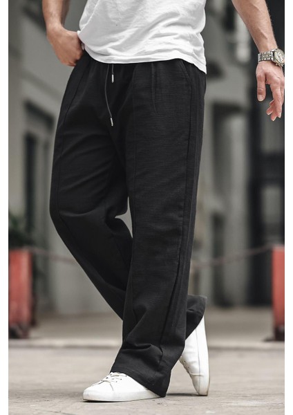 Siyah Erkek Rahat Kesim Keten Pantolon 6539