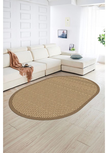 Dijital Kaymaz Yıkanabilir Jüt-Hasır Desen Oval Yolluk Mutfak Salon Halısı, N-O-Jüt-03-Kahve,