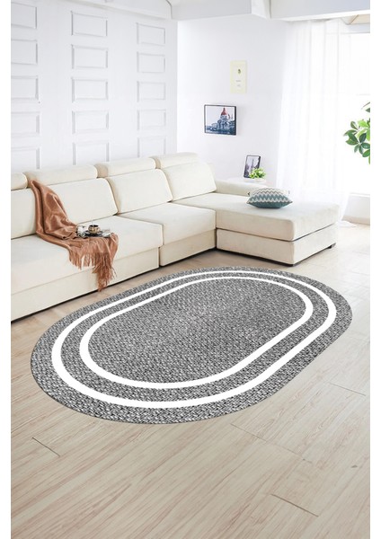 Dijital Kaymaz Yıkanabilir Jüt-Hasır Desen Oval Yolluk Mutfak Salon Halısı, N-O-Jüt-12-Gri,