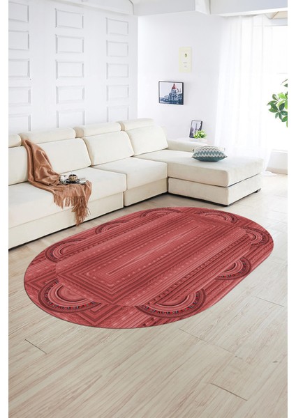 Dijital Kaymaz Yıkanabilir Jüt-Hasır Desen Oval Yolluk Mutfak Salon Halısı, N-O-Jüt-08-Kırmızı,