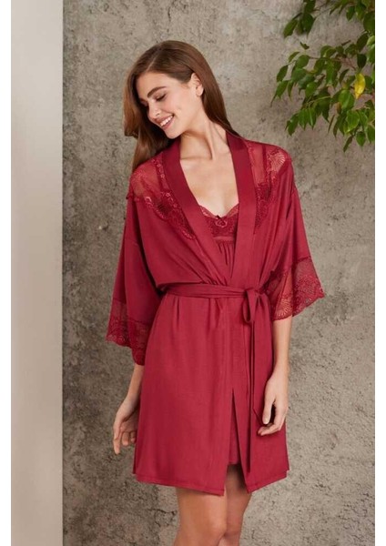 Penye Dantelli Gecelik Sabahlık Takım 4010 Bordo