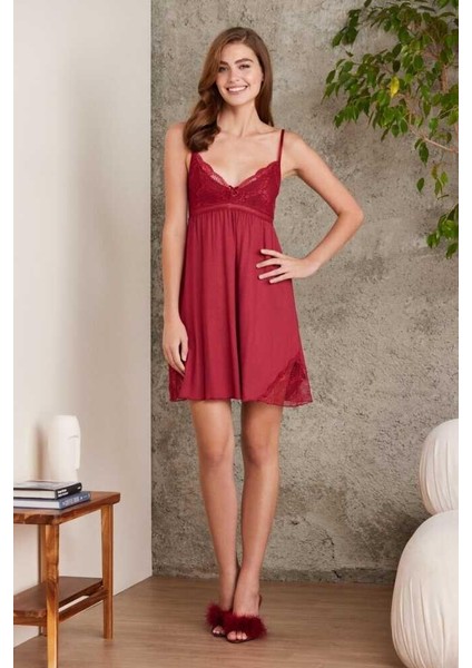 Penye Dantelli Gecelik Sabahlık Takım 4010 Bordo