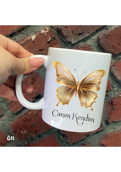 Size Özel Sarı ve Gold Kelebek Canım Kendim Seramik Baskılı Kupa Bardaklar