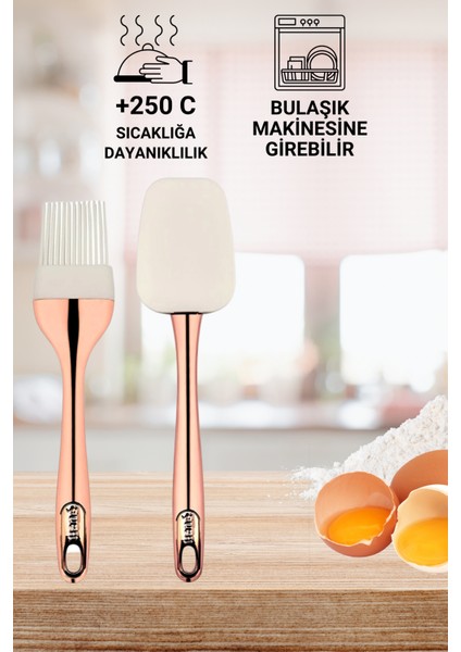 Grimor Life 2'li Set Rose Gold Kaplamalı Silikon Yumurta Fırçası Ve Spatula Seti 25 Cm