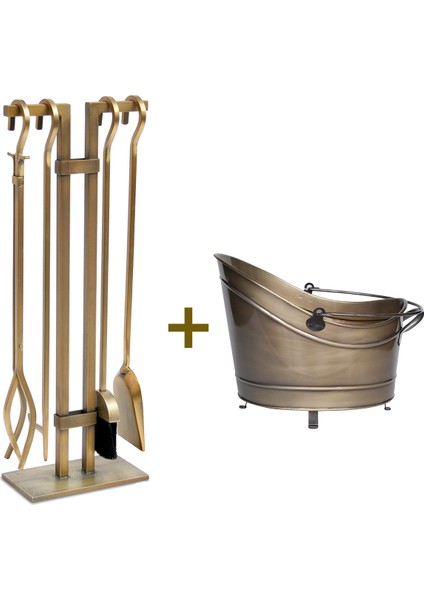 5 Li Lüx Ithal Antik Gold Patinalı Şömine-Soba Maşa ve Kova Takımı Aksesuar Seti