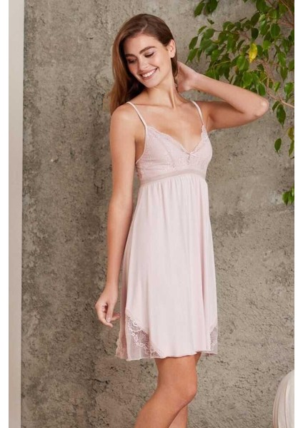 Penye Dantelli Gecelik Sabahlık Takım 4010 Pudra modelleri