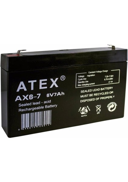 Akü 6V 7A (15X9.2X3.3CM) Atex