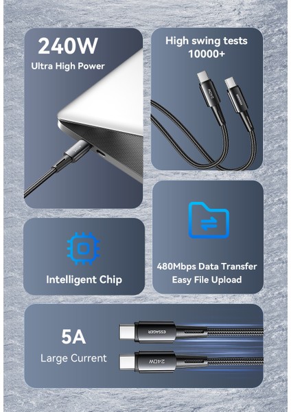 240W CE/FC/ROHS Lisanslı Type-C To Type-C Süper Hızlı Şarj ve Data Veri Kablosu Örgülü Sağlam