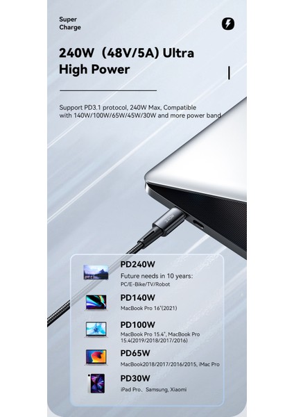 240W CE/FC/ROHS Lisanslı Type-C To Type-C Süper Hızlı Şarj ve Data Veri Kablosu Örgülü Sağlam