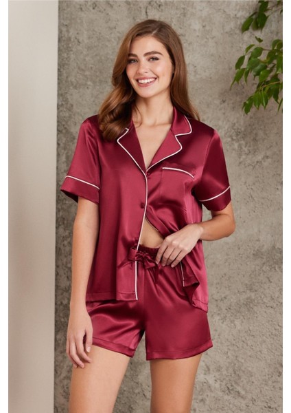 Saten Biyeli Pijama Şort Takımı Bordo 1205