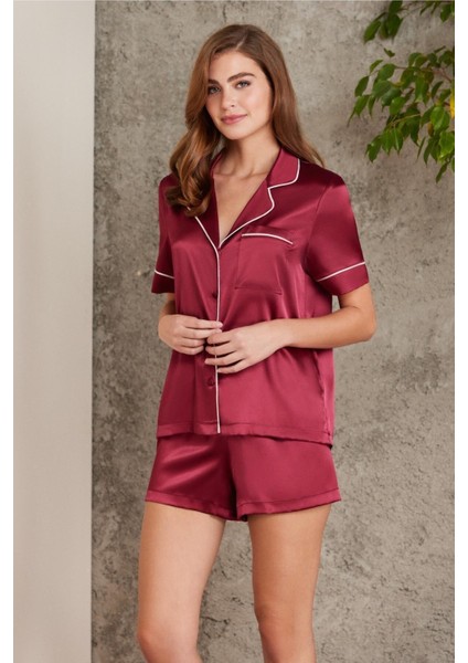 Saten Biyeli Pijama Şort Takımı Bordo 1205
