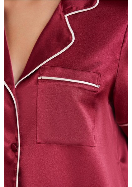 Saten Biyeli Pijama Şort Takımı Bordo 1205