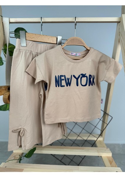 New York Baskılı Paça Detaylı Yazlık Kız Çocuk Ikili Takım