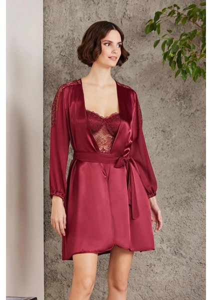 Saten Gecelik Sabahlık Pijama Takım Şort Takım 6'lı Gelin Çeyiz Seti Bordo 6005