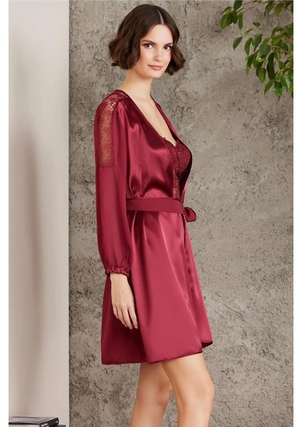 Saten Gecelik Sabahlık Pijama Takım Şort Takım 6'lı Gelin Çeyiz Seti Bordo 6005