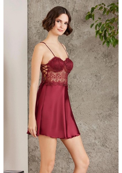 Saten Gecelik Sabahlık Pijama Takım Şort Takım 6'lı Gelin Çeyiz Seti Bordo 6005